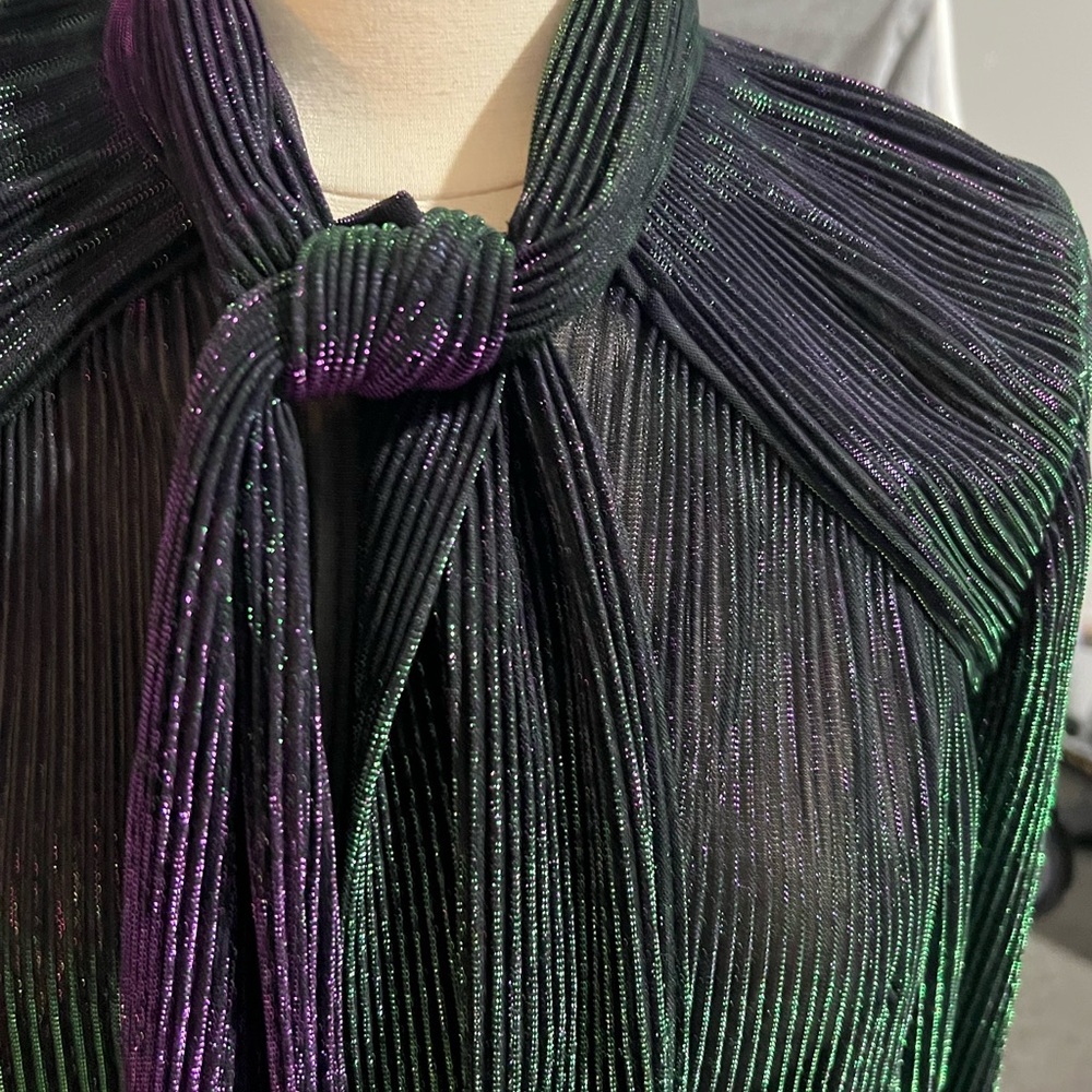 Marco De Vincenzo Metallic Tie-Neck Blouse 42 Button Up Ribbed Flowy Sheer Bow - Picture 5 of 7